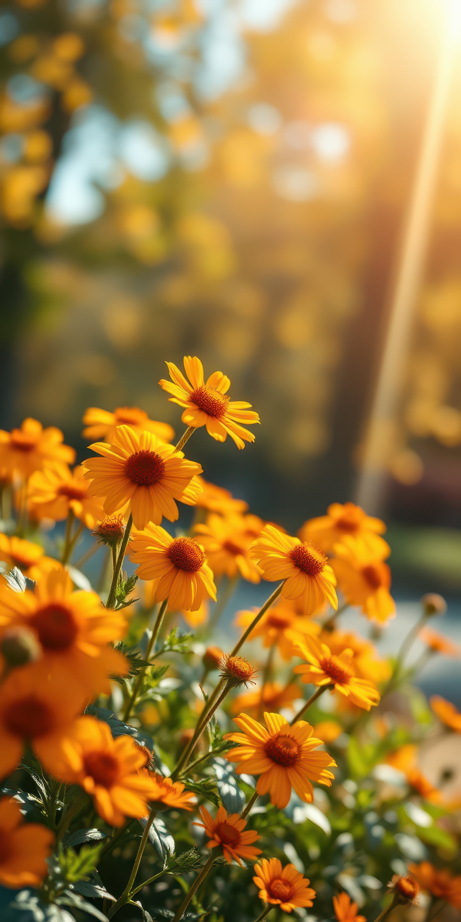 Vibrant yellow flowers bloom in a sunlit garden during a warm afternoon in autumn